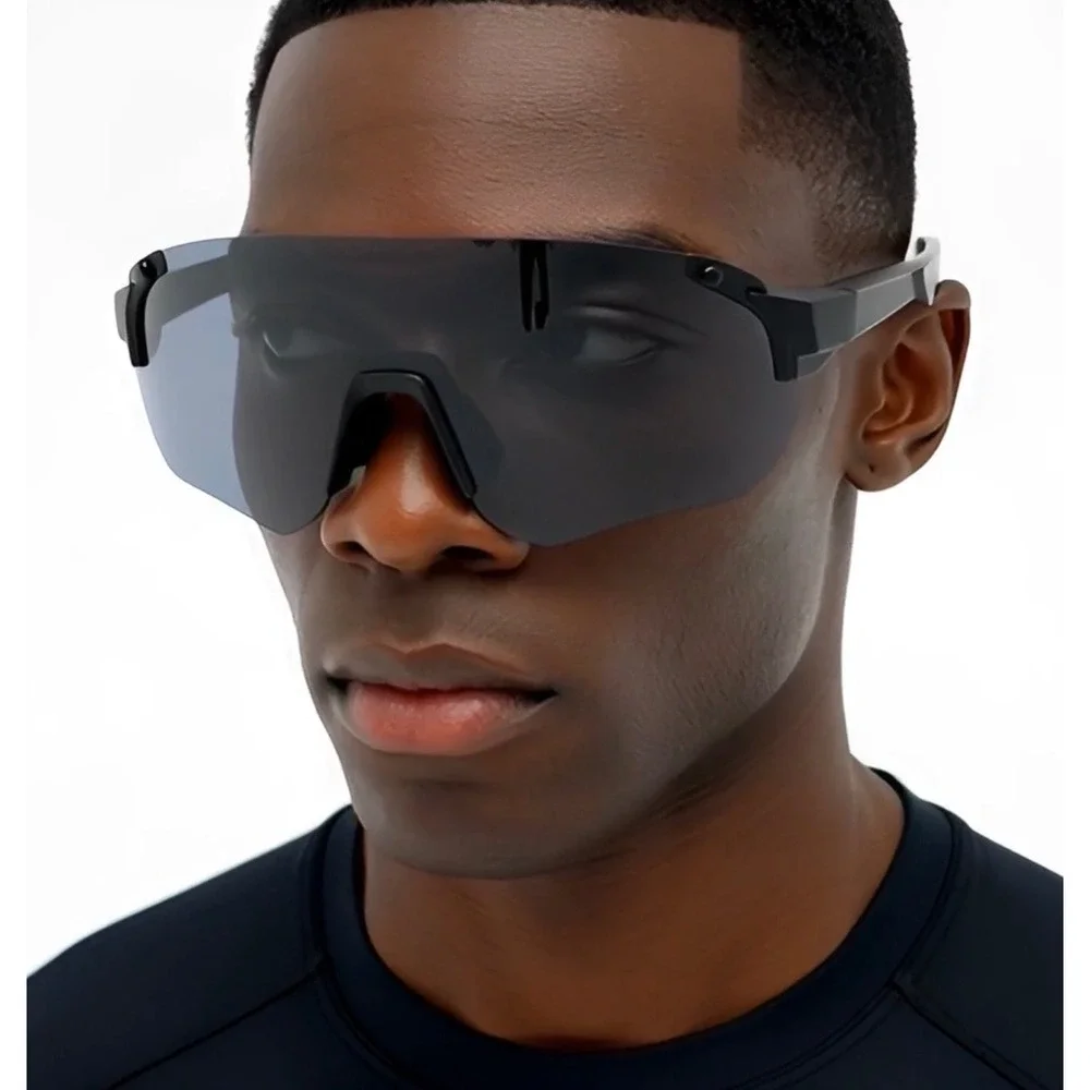 Mens Matte Black Rimless Shield Sunglasses Sport Cycling Wrap Around‎ Smoke Lens